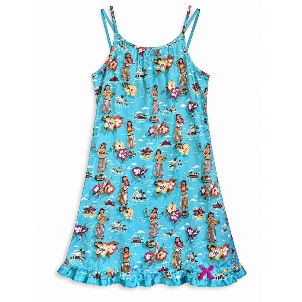 Nick & Nora Hula Girl Hawaiian Tropical Satin Chemise Nightgown Size XL